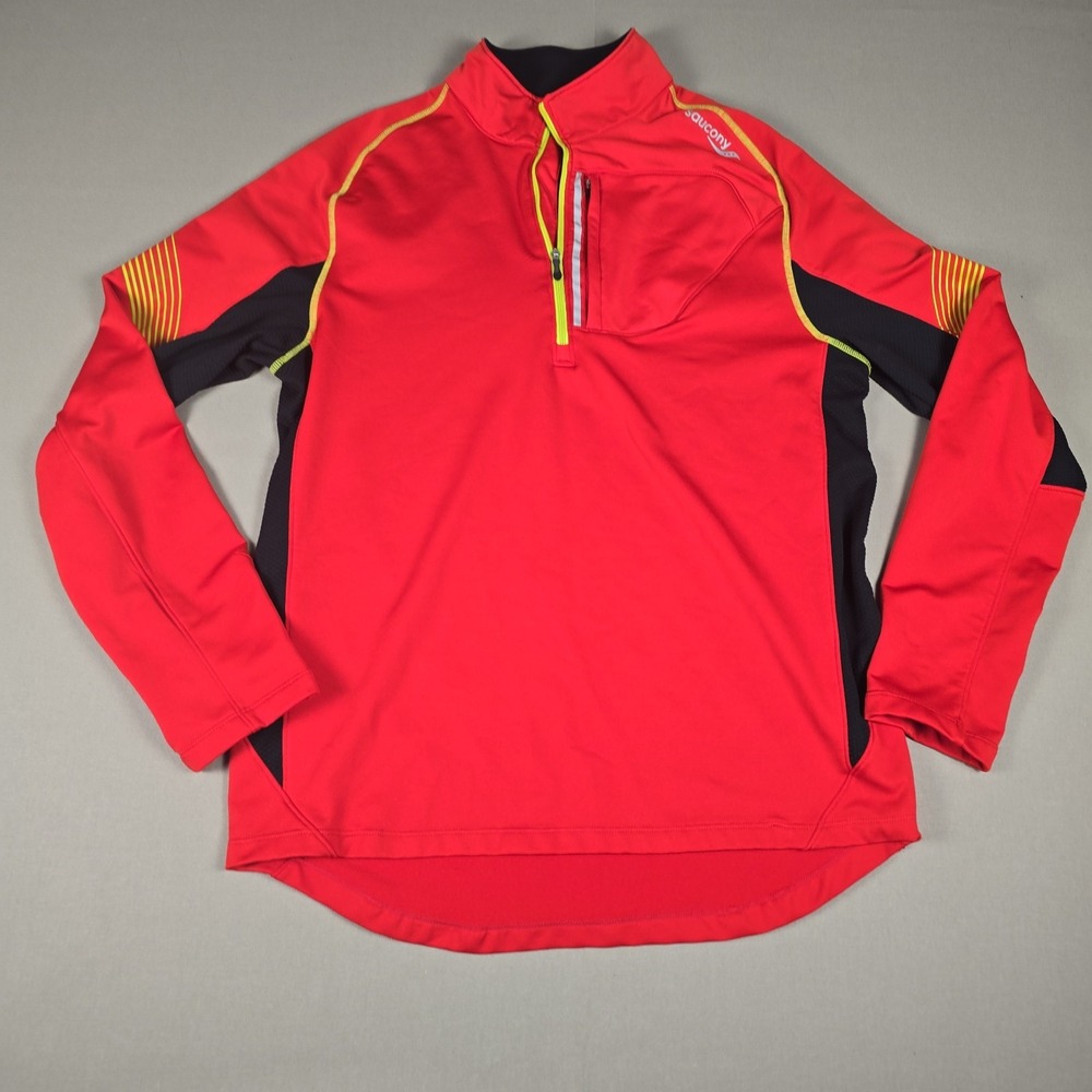Saucony Men's 1/4 Zip Running Jacket Red Black Yellow Trim Chest Pocket Sz Small